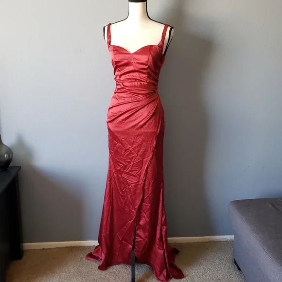 Shein Dresses | Shein Red Satin Front Slit Gown | Dress | Color: Red | Size: 4 | Kuro_Neko's Closet